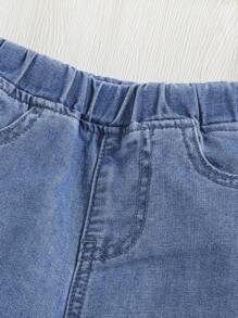 SHEIN 女嬰彈性腰帶接縫細節牛仔褲 - 中等水洗藍 - 查看 4