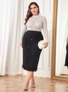 SHEIN LUNE 大碼毛邊下擺鉛筆裙 - 黑色 - 查看 1