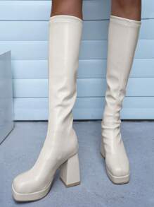 Women's Fashion Boots, Western Boots, Tall Boots, New Autumn/Winter Thick Heel High Shaft Boots, Knight Boots, Waterproof Platform, Back Zipper Boots,Knee High Boots - Beige - View 6
