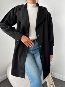 EURMUSE Lapel Neck Single Breasted Trench Coat - Black - View 4