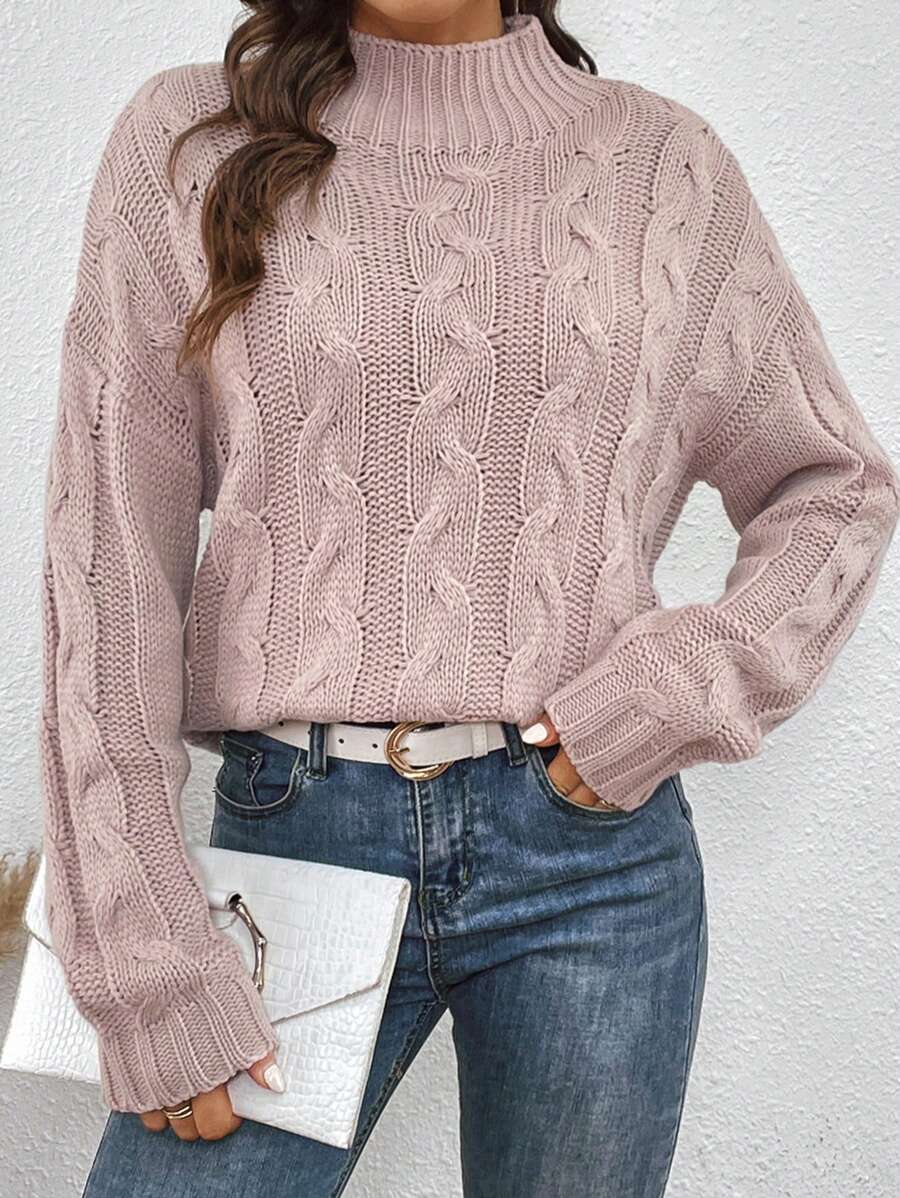 SHEIN LUNE Mock Neck Cable Knit Drop Shoulder Sweater