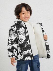 SHEIN 年轻男孩卡通图案拉链连帽保暖衬垫外套 - 軍綠色 - 查看 3