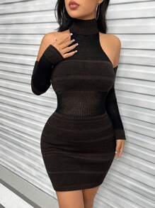 SHEIN Unity High Neck Sweater Dress With Arm Sleeves - Coffee Brown - View 7