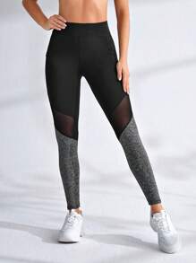Yoga Futuristic Contrast Colour Panel Yoga Leggings Mesh Insert Gym Tights With Phone Pocket - Multicolor - View 3