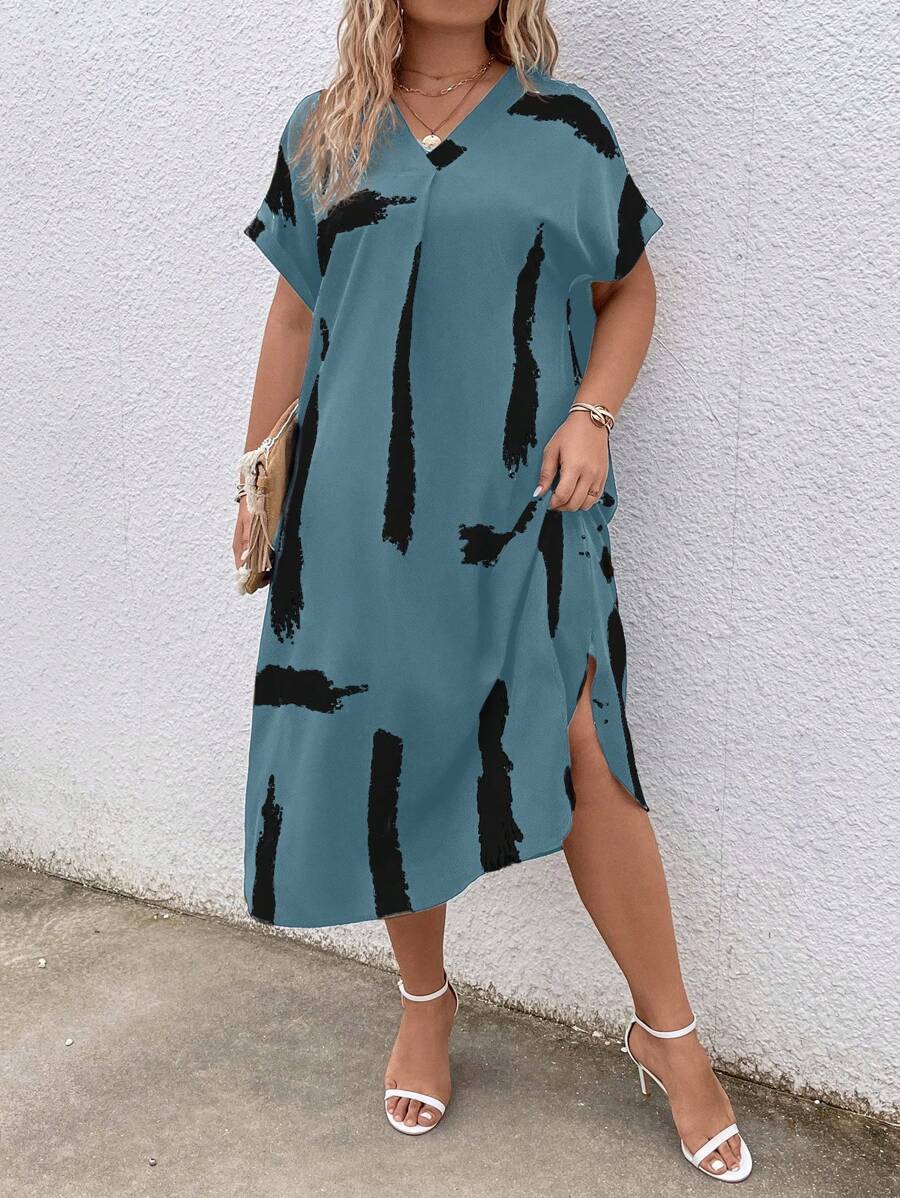 SHEIN LUNE 大码印花蝙蝠袖休闲束腰连衣裙 - 霧霾藍 - 查看 1