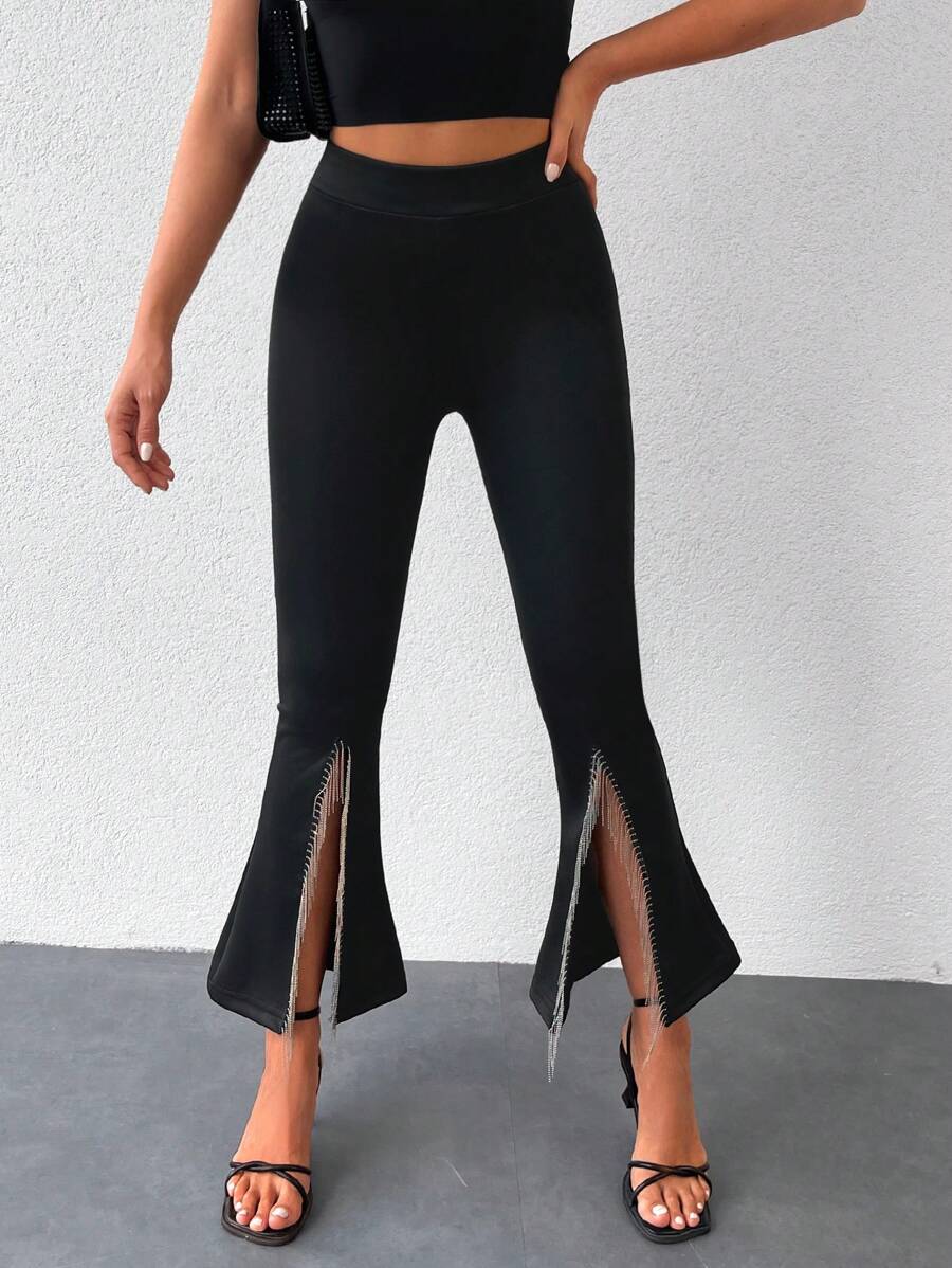 RueChic Rhinestone Fringe Trim Split Hem Flare Leg Pants - Black - View 1