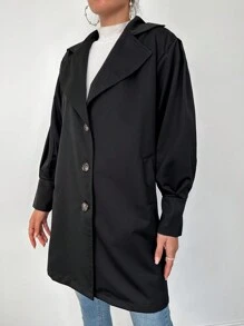 EURMUSE Lapel Neck Single Breasted Trench Coat - Black - View 3