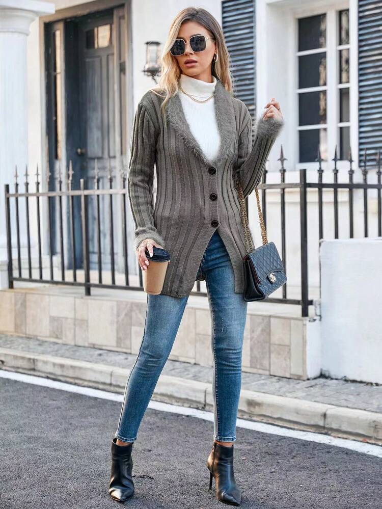Fuzzy Collar Button Front Cardigan Fall Cloth For Women
