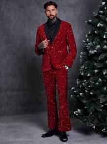 SHEIN 男士拼接青果領亮片西裝外套和褲子套裝 - 紅色 - 查看 1