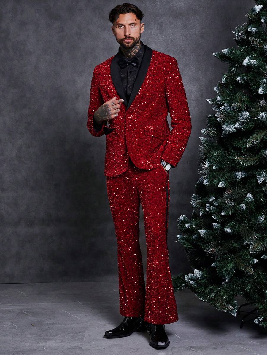 SHEIN 男士拼接青果領亮片西裝外套和褲子套裝 - 紅色 - 查看 1