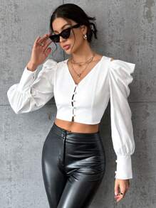 SHEIN Privé Solid Button Detail Crop Blouse - White - View 1