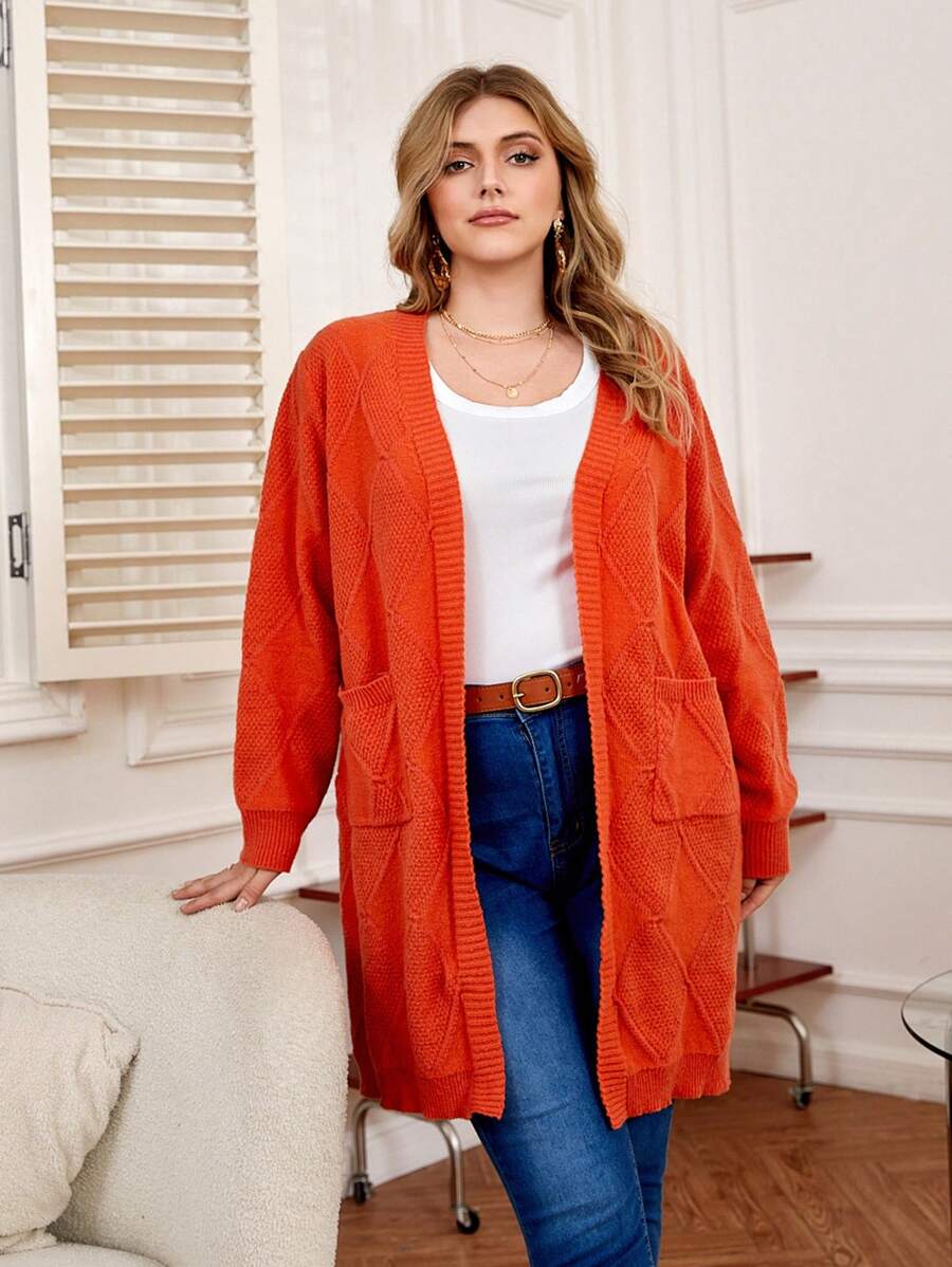 SHEIN Franclia 休閒口袋純色大碼開衫 - 珊瑚橙 - 查看 1