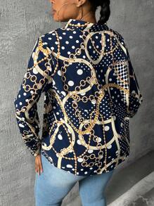 Slaydiva Plus Size Women's Long Sleeve Metal Chain Pattern V-Neck Regular Blouse, Suitable For Daily, Elegant Commute, Mother's Day, Blue - Blue - View 3