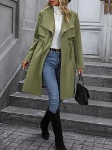 SHEIN LUNE Cổ áo thác nước Eo dây rút Eo dây rút Áo khoác Trench - Màu xanh Ô liu - Xem 1