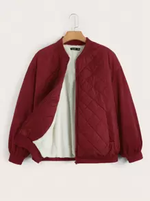 SHEIN EZwear 大码保暖内衬拉链飞行员绗缝加厚外套 - 酒紅色 - 查看 1