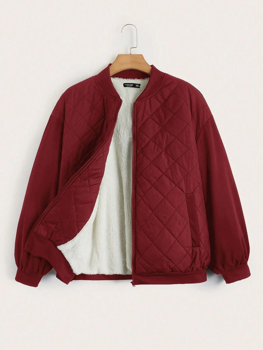 SHEIN EZwear 大码保暖内衬拉链飞行员绗缝加厚外套 - 酒紅色 - 查看 1