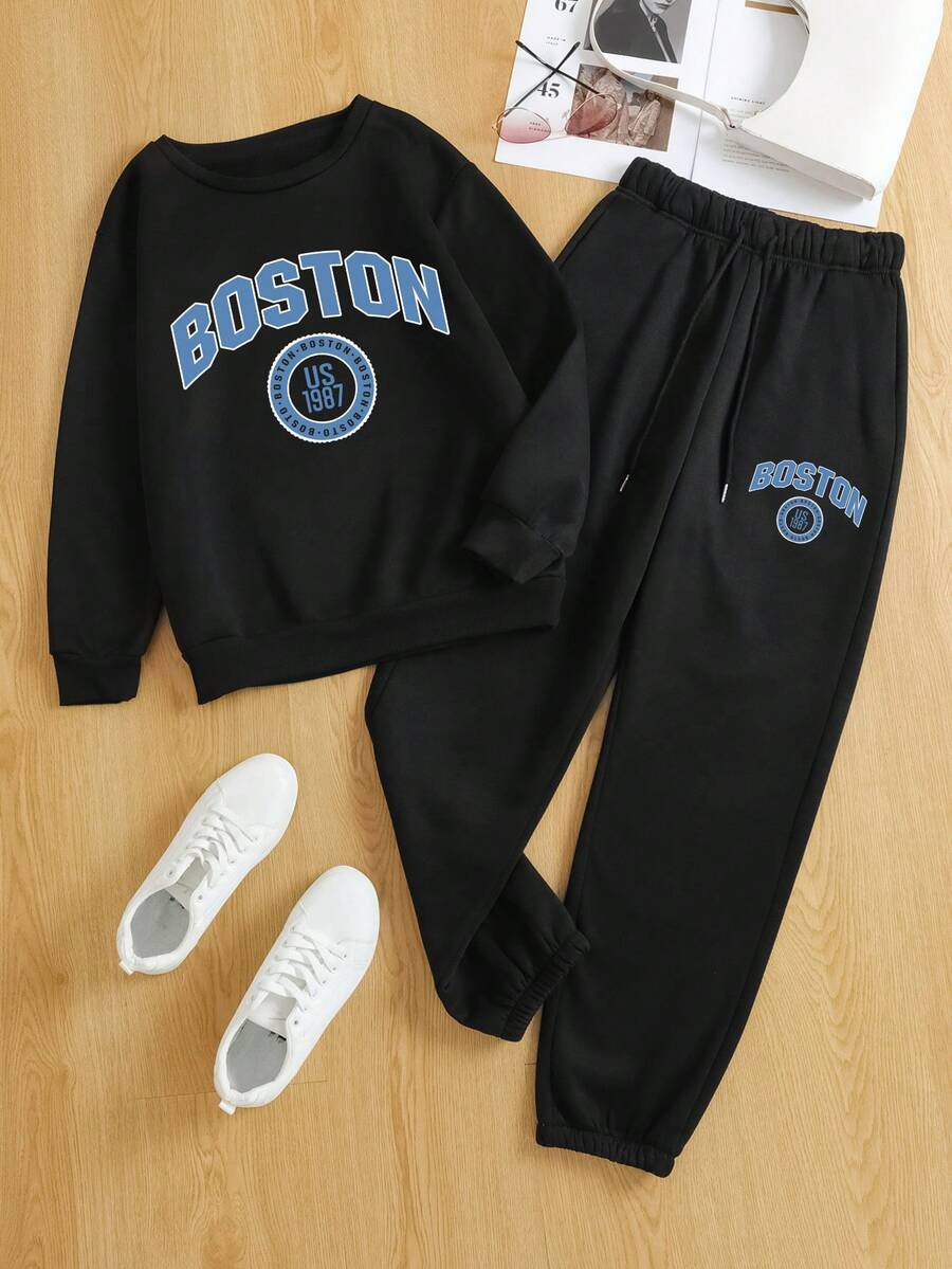 SHEIN EZwear 字母圖案加絨內裏運動衫&腰部抽繩衛褲 - 黑色 - 查看 1