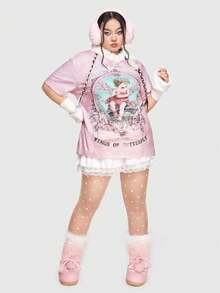 ROMWE Kawaii Plus Tie Dye Figure & Slogan Graphic Drop Shoulder Tee - Multicolor - View 5