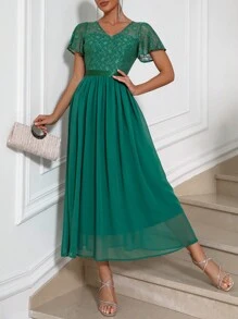 SHEIN Privé 蕾絲拼接蝴蝶袖雪紡洋裝 - 軍綠色 - 查看 6