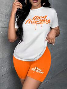 Slaydiva 標語圖案T恤和機車短褲 - 珊瑚橙 - 查看 4