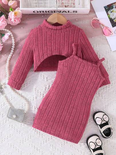 Baby Girl Solid Cami Dress & Mock Neck High Low Hem Tee