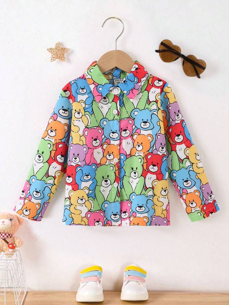 SHEIN Young Girl Cartoon Graphic Button Front Shirt - Multicolor - View 1