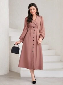 Modelyn 西裝領雙排釦繫腰帶洋裝 - 淺粉色 - 查看 1