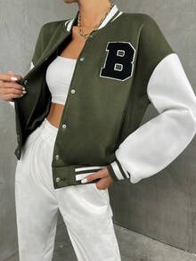 SHEIN Unity 撞色字母贴片前扣休闲长袖夹克 - 彩色 - 查看 3