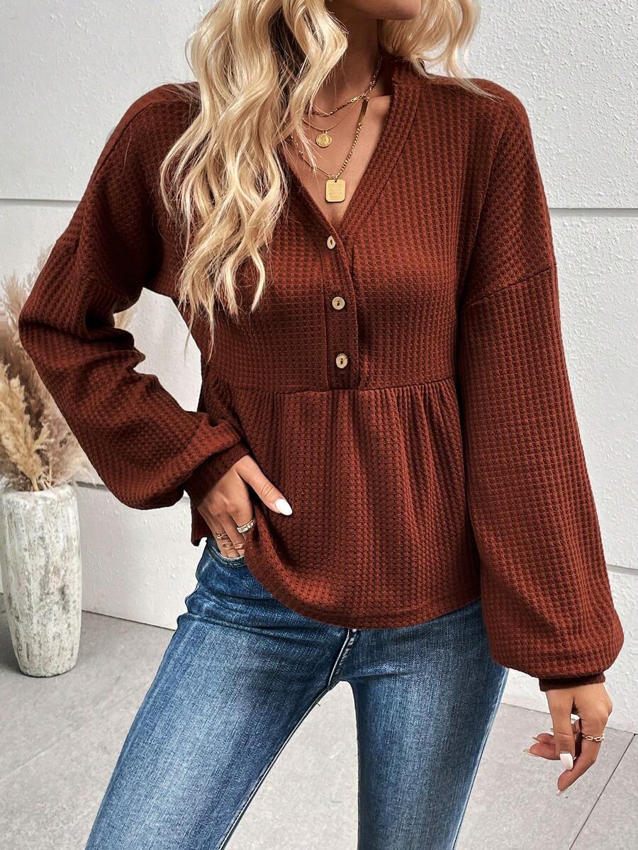 SHEIN Essnce 半排扣落肩袖荷葉邊下擺T恤 - 紅木色 - 查看 1