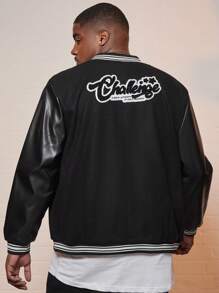 Manfinity Homme Men Plus Letter Patched Striped Trim Bomber Jacket - Black - View 1