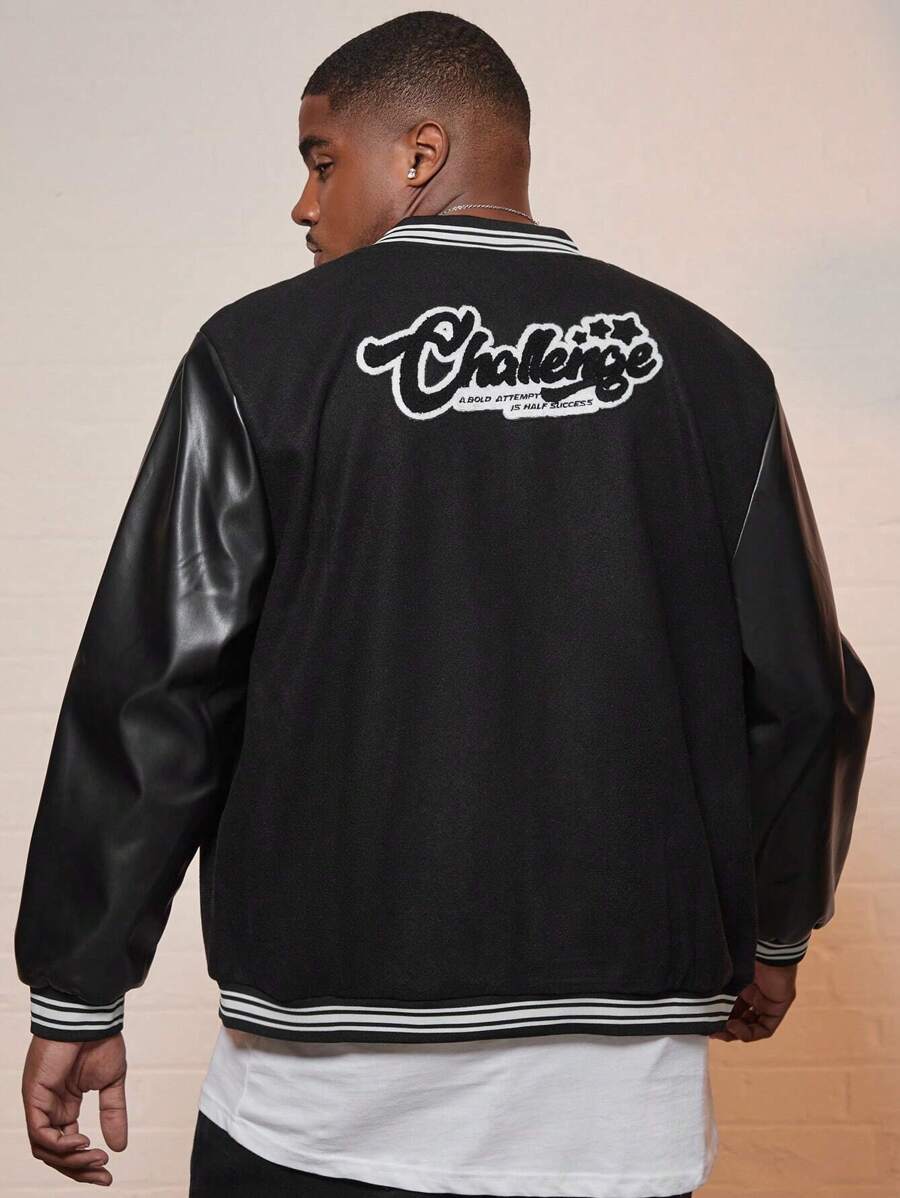 Manfinity Homme Men Plus Letter Patched Striped Trim Bomber Jacket - Black - View 1