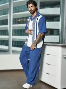 Manfinity Homme 男士大码幾何印花襯衫和褲子 - 藏蓝色 - 查看 5