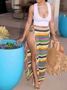 Fringe Trim Split Thigh Knit Skirt - Multicolor - View 4