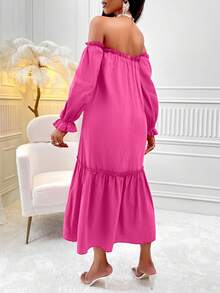 VaVaBold Off Shoulder Ruffle Hem Dress Without Belt - Hot Pink - View 2