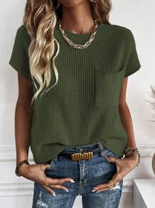 SHEIN LUNE Solid Pocket Patched Knit Top - Army Green - View 6