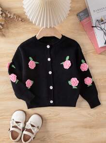SHEIN Chica Joven Cárdigan con patrón floral - Negro - Ver 1