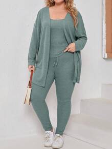 EMERY ROSE Plus Solid Cami Top & Knot Front Skinny Pants & Coat