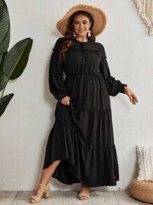 SHEIN VCAY Hơn Tay áo lồng đèn Nhiều lớp Xù Hoa Sen Đầm - màu đen - Xem 2