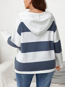 SHEIN LUNE Plus Two Tone Drop Shoulder Drawstring Hooded Sweater - Blue and White - View 2