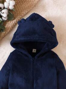 男大童3D耳朵設計連帽拉鍊法蘭絨連體睡衣 - 藍色 - 查看 4