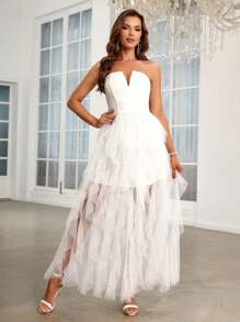 SHEIN Belle Layered Mesh Ruffle Trim Tube Wedding Dress - White - View 4