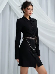 DAZY Solid Button Front Shirt Dress Without Belt,Mini Dress,Fall Clothes Long Sleeve Dress - Black - View 8