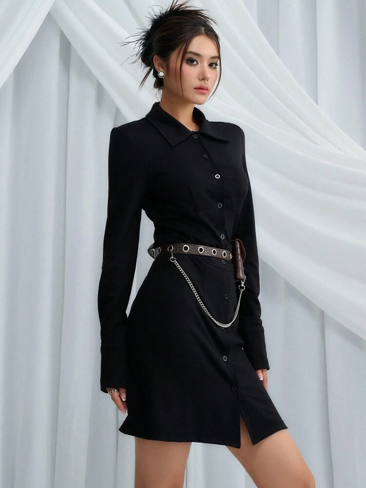 Solid Button Front Shirt Dress Without Belt,Mini Dress,Fall Clothes Long Sleeve Dress