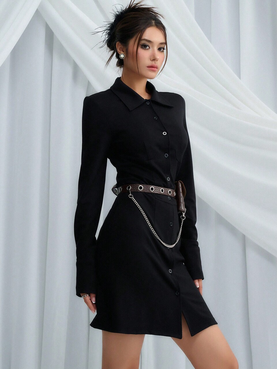 Solid Button Front Shirt Dress Without Belt,Mini Dress,Fall Clothes Long Sleeve Dress