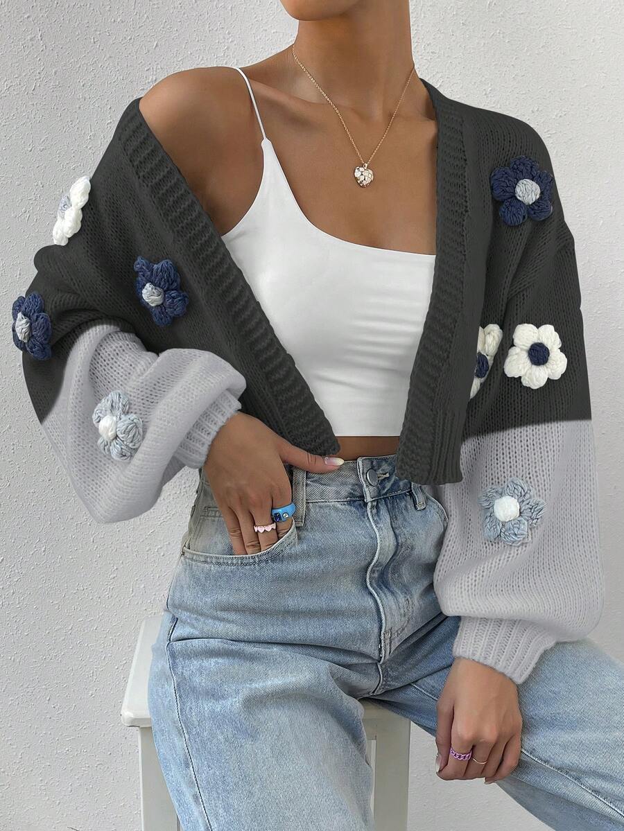 SHEIN Qutie Stereo Flower Colorblock Drop Shoulder Duster Cardigan - Multicolor - View 1