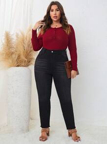 SHEIN LUNE 大碼高腰毛邊緣緊身牛仔褲 - 黑色 - 查看 5