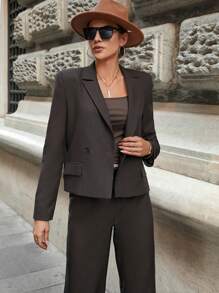 EURMUSE Solid Double Button Blazer - Brown - View 4
