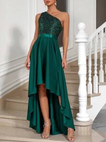 SHEIN Belle 女士绿色连衣裙，不对称肩部撞色亮片高低摆连衣裙，节日派对服装，连衣裙，派对礼服 - 墨綠色 - 查看 5