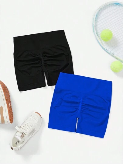 Easithlete 2st Solid Ruched Sports Shorts Dam Sweat Short, Gym Short, Biker Short