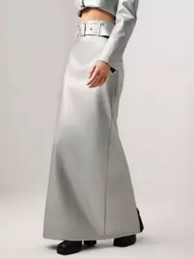 Mathilde Lhomme Designer Solid PU Leather Belted Maxi Elegant Skirt, For Summer, Holiday, Party, New Year Eve, Festival - Silver - View 3